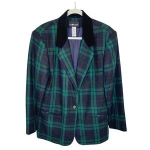 VTG Sag Harbor Jacket Blazer Velvet Collar 16 Green‎ Blue Tartan Plaid Wool Y2K